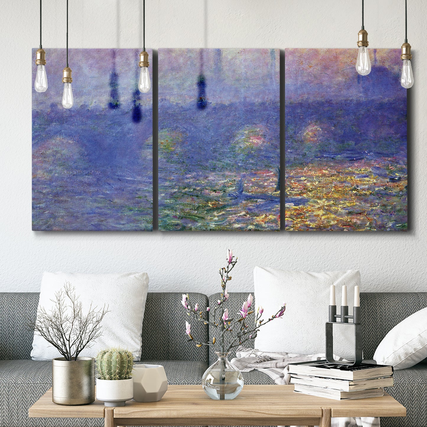 Three-panel canvas wall art featuring overcast bridge above river, displayed in a modern living room above seating.