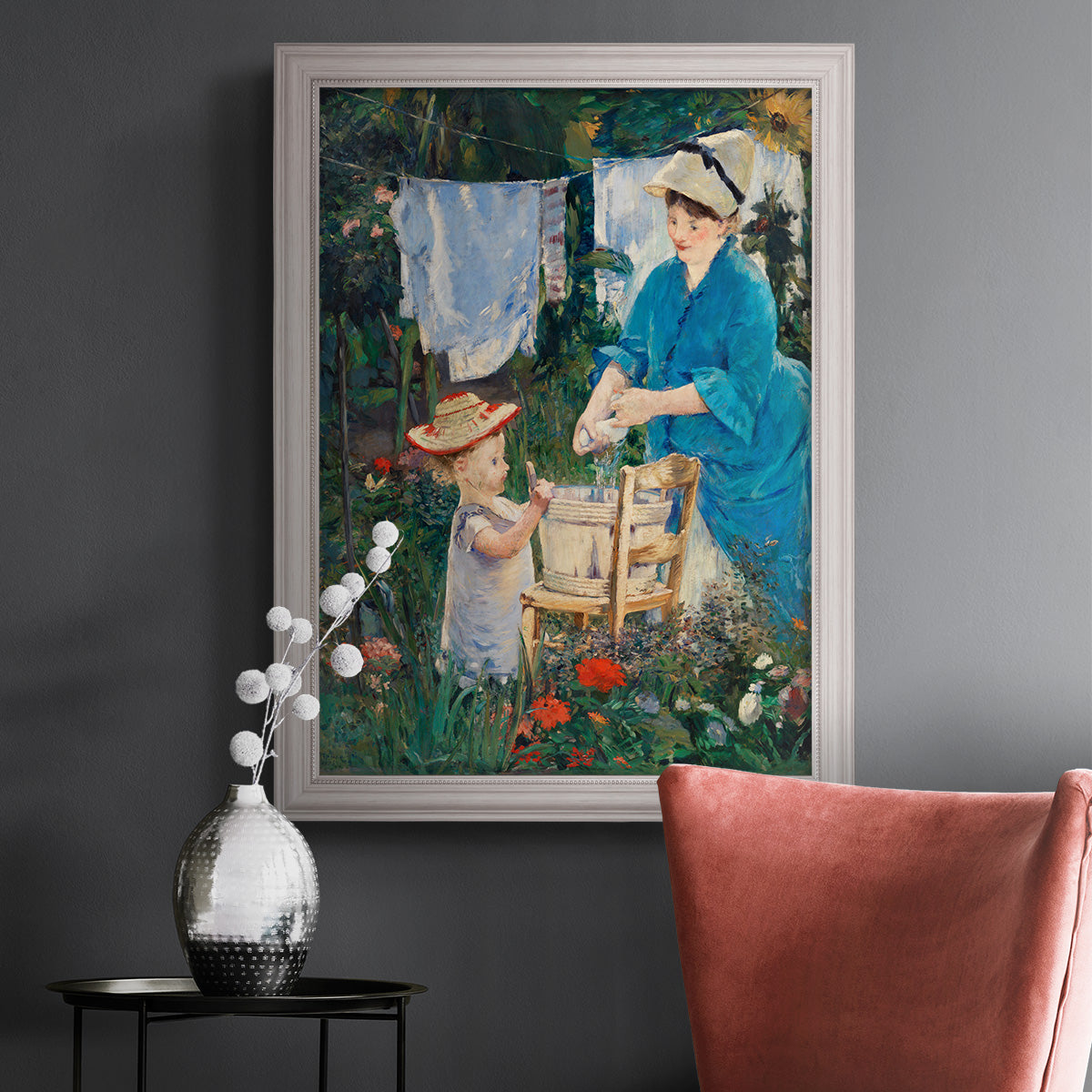 Intimate domestic genre scene by Édouard Manet in an ornate weathered white frame displayed in a dark-toned interior setting.