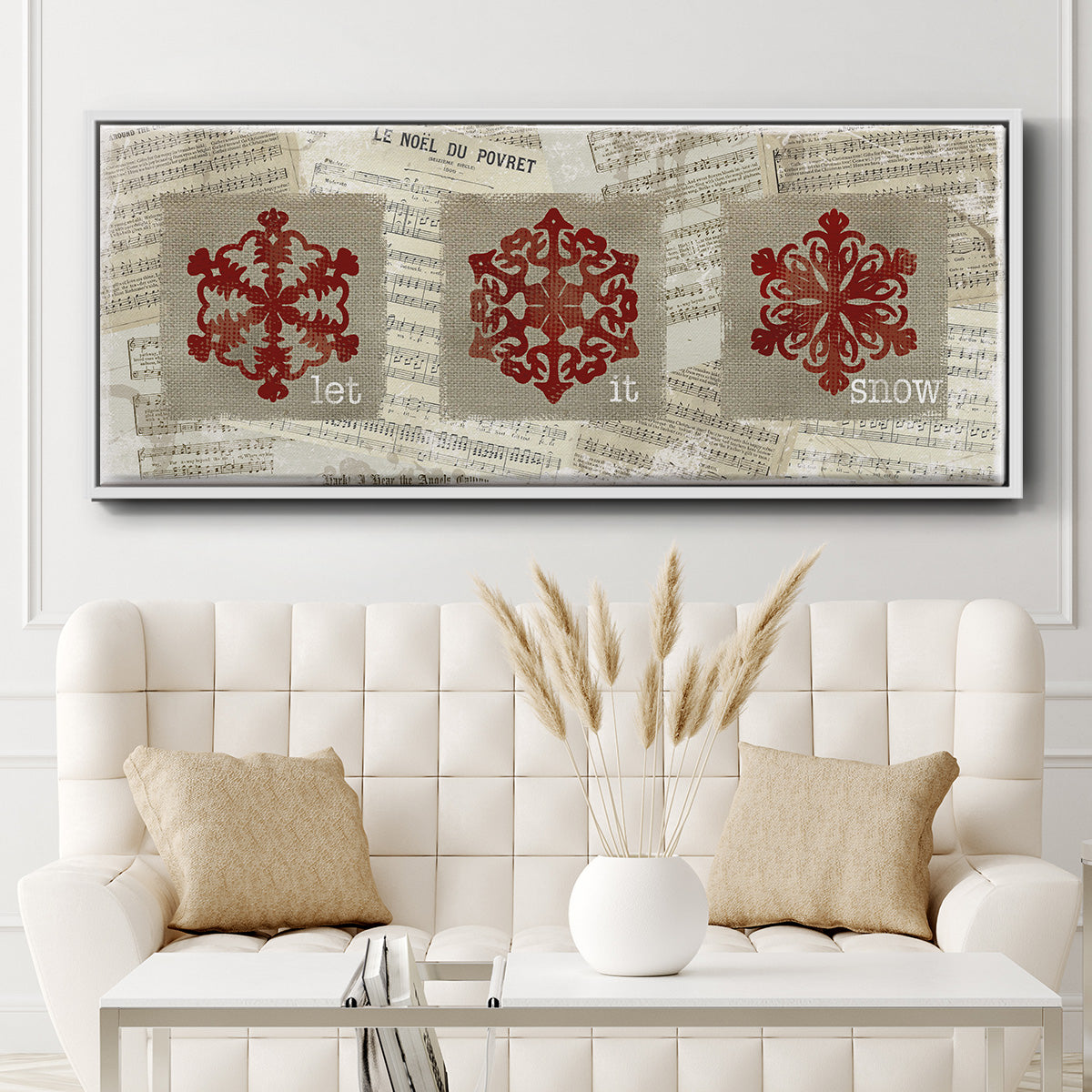 Burlap Music Snowflakes - Floater Framed Canvas Print