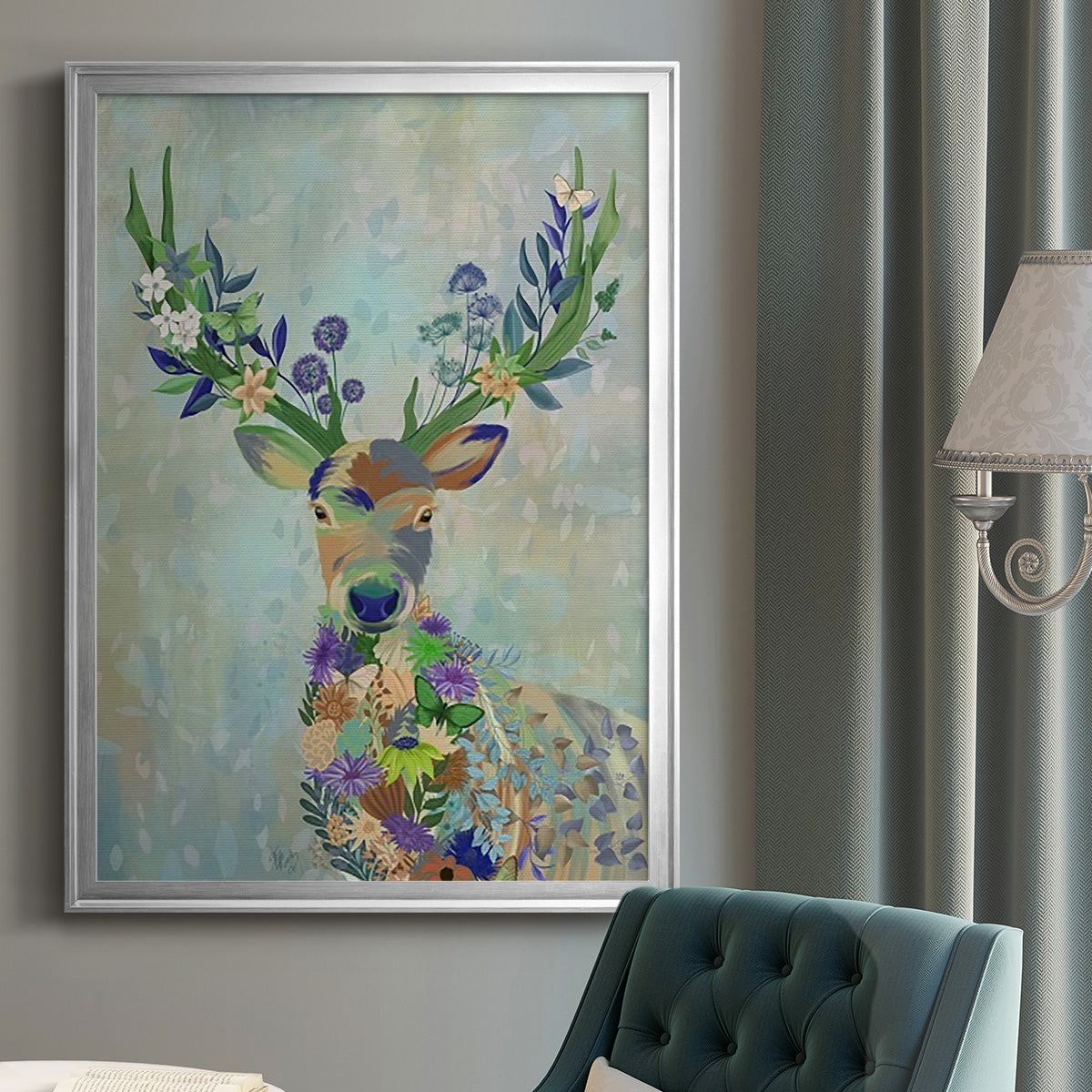 Fantastic Florals Deer, Portrait - Modern Framed Canvas Print