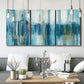 Three-panel canvas wall art featuring layered abstract earth tones, displayed in a modern living room above seating.