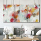 Three-panel canvas wall art featuring abstract directional visual shift, displayed in a modern living room above seating.