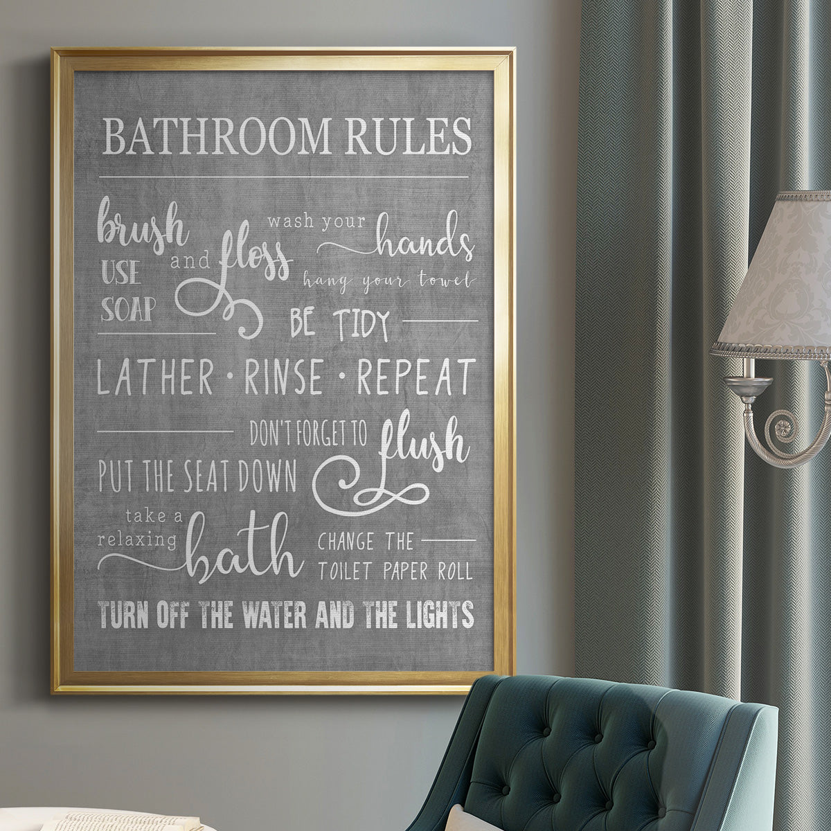 Neutral Bathroom Rules - Modern Framed Canvas Print