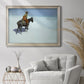 Impressionist western scout scene by Frederic Remington in an ornate champagne frame displayed in a bright interior setting.