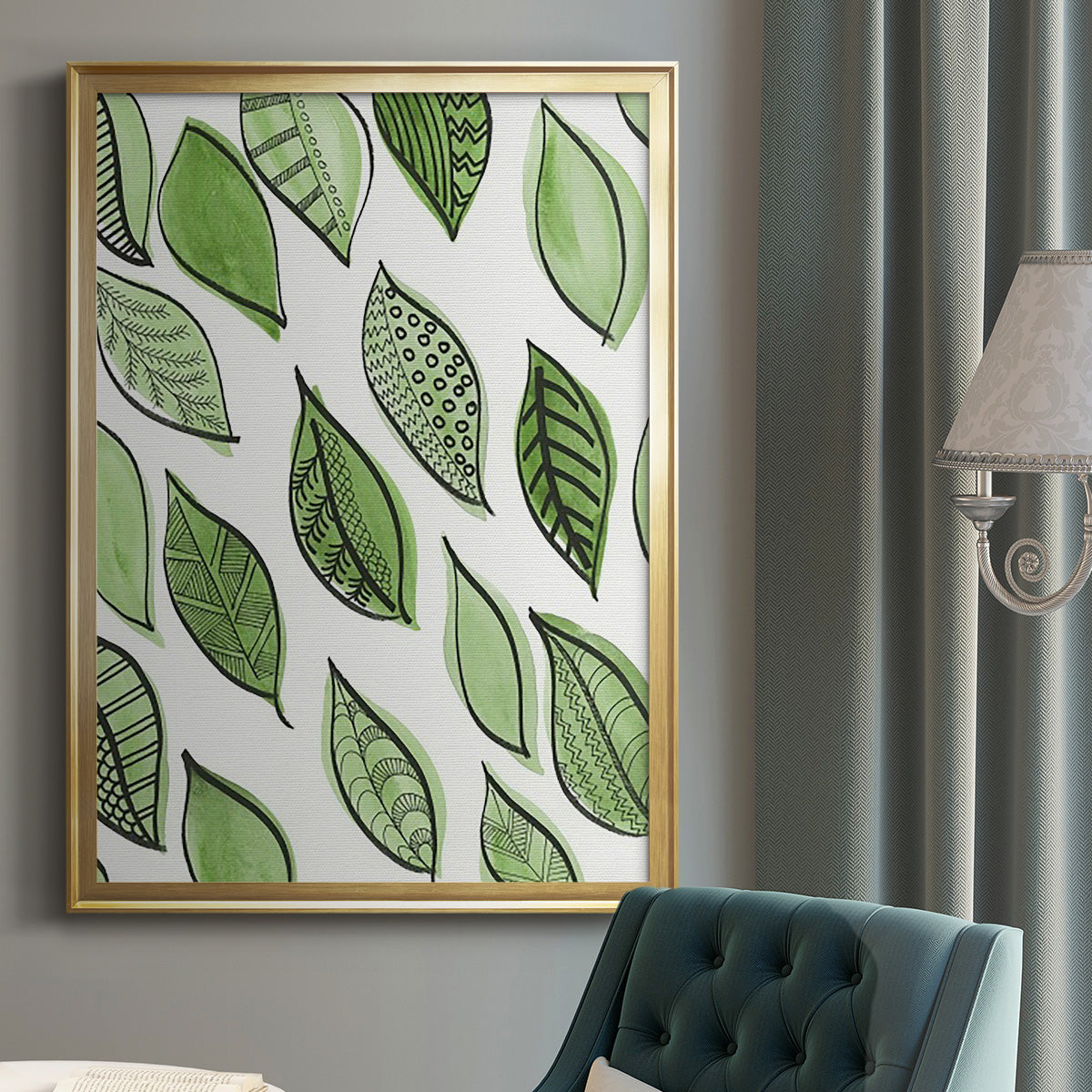 Patterned Leaf Shapes IV - Modern Framed Canvas Print