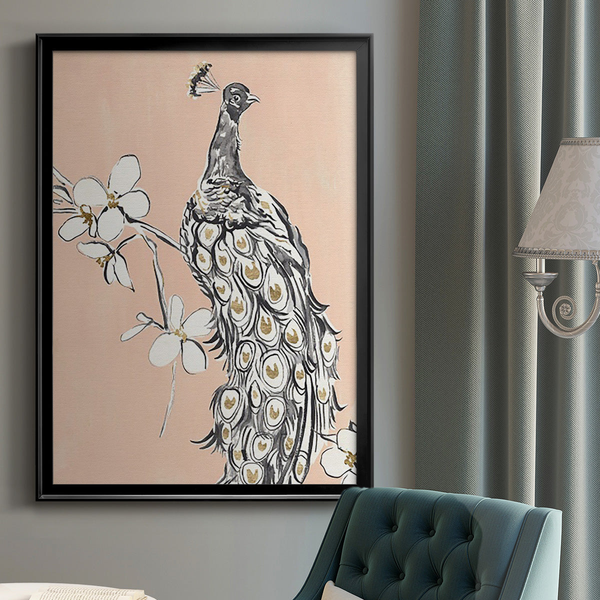 Peacock in Gold I - Modern Framed Canvas Print