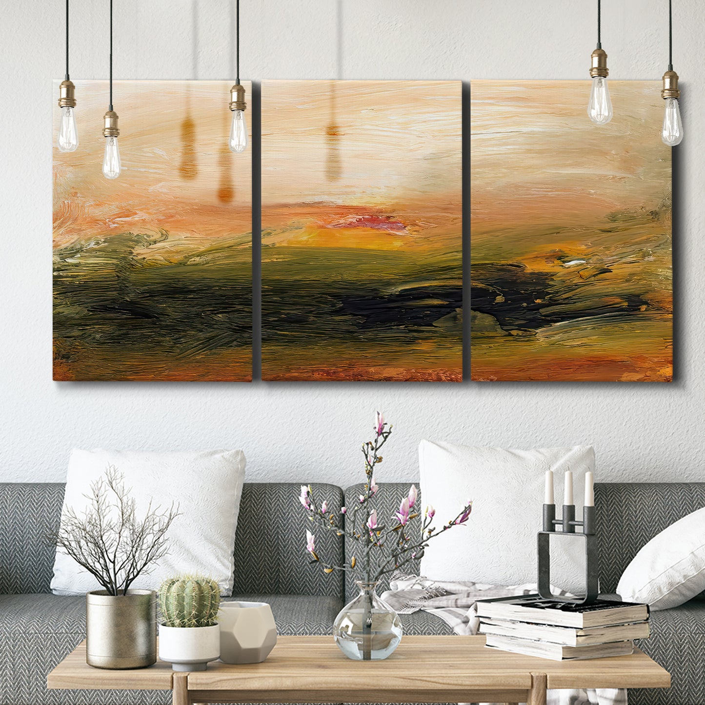 Three-panel canvas wall art featuring soft abstract evening light, displayed in a modern living room above seating.