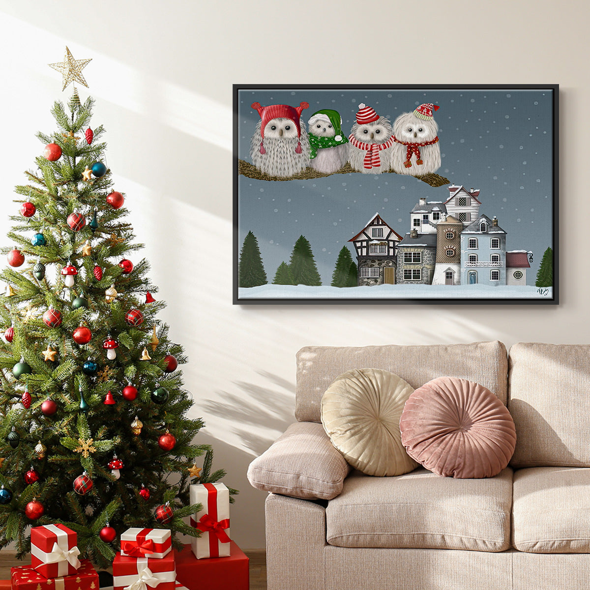 Christmas Christmas Owl Village - Framed Gallery Wrapped Canvas in Floating Frame