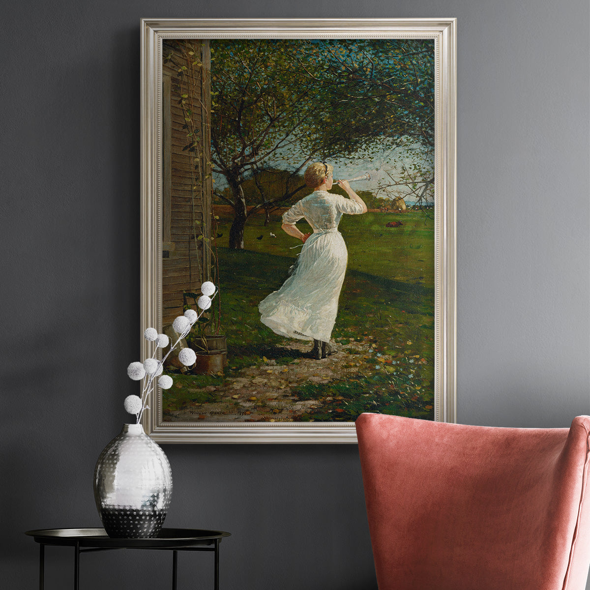Narrative religious genre scene by Winslow Homer in an ornate champagne frame displayed in a dark-toned interior setting.