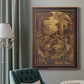 Monochrome religious painting of the raising of Lazarus by Leandro Bassano in an ornate bronzed mahogany wood frame displayed in a dark-toned interior setting.