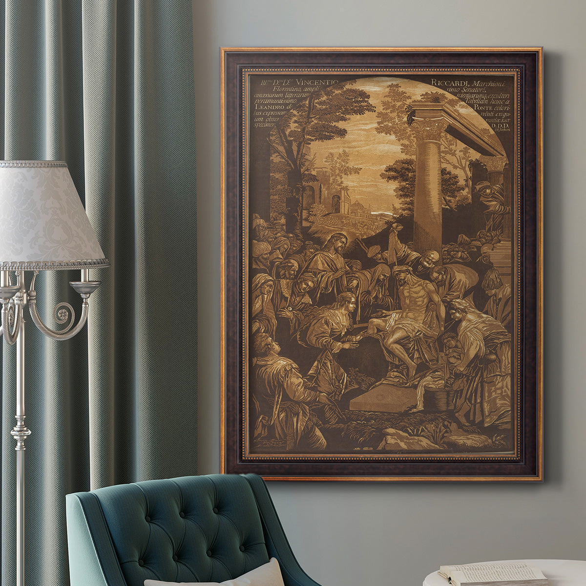 Monochrome religious painting of the raising of Lazarus by Leandro Bassano in an ornate bronzed mahogany wood frame displayed in a dark-toned interior setting.