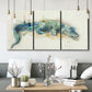 Three-panel canvas wall art featuring alligator illustrated wildlife portrait, displayed in a modern living room above seating.