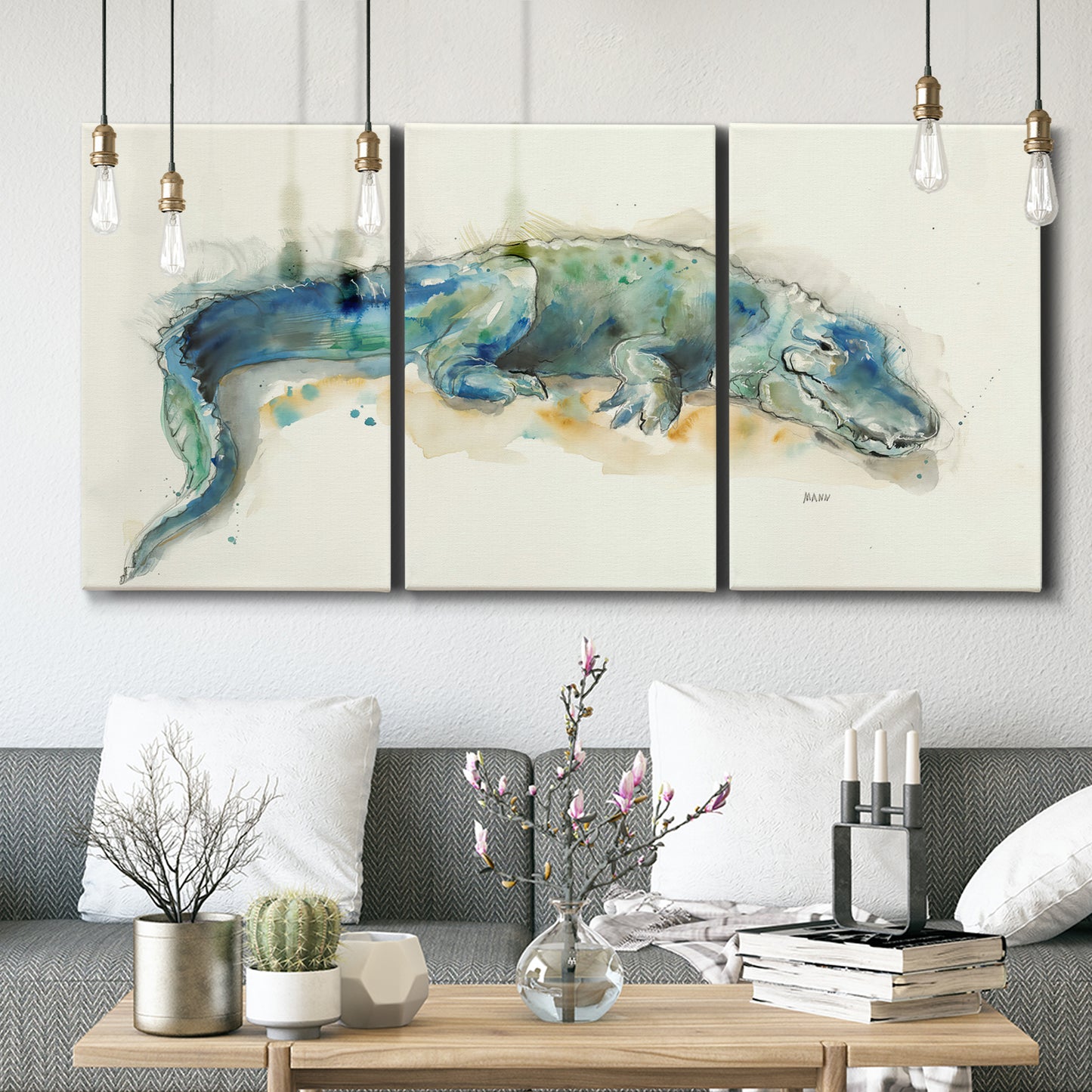 Three-panel canvas wall art featuring alligator illustrated wildlife portrait, displayed in a modern living room above seating.