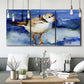 Three-panel canvas wall art featuring shorebirds standing in shallow water, displayed in a modern living room above seating.