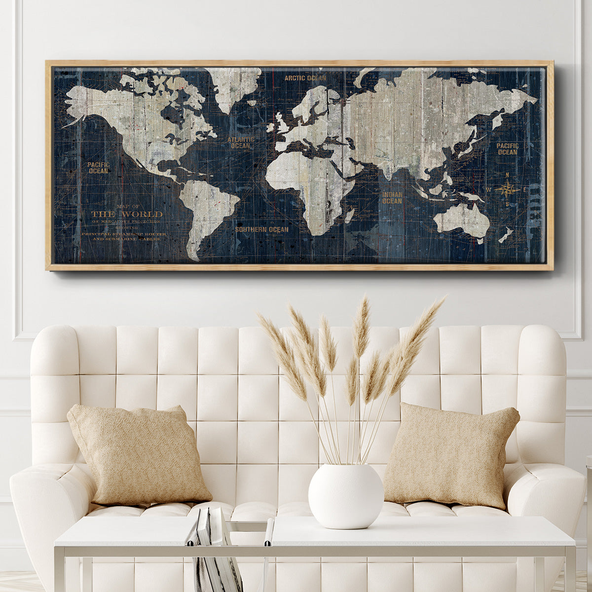 Old World Map Blue - Floater Framed Canvas Print