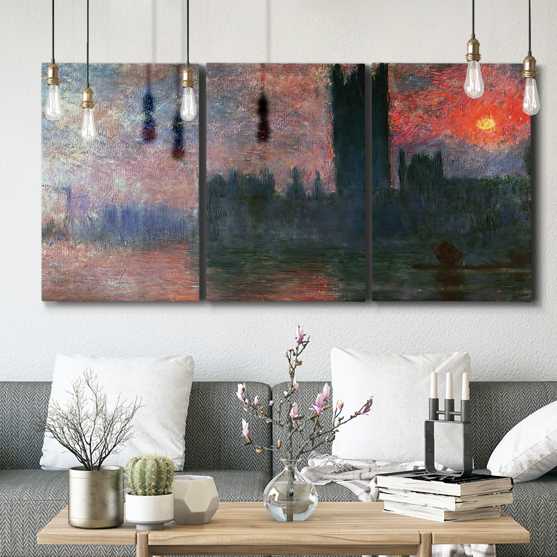 Three-panel canvas wall art featuring parliament silhouetted at dusk, displayed in a modern living room above seating.