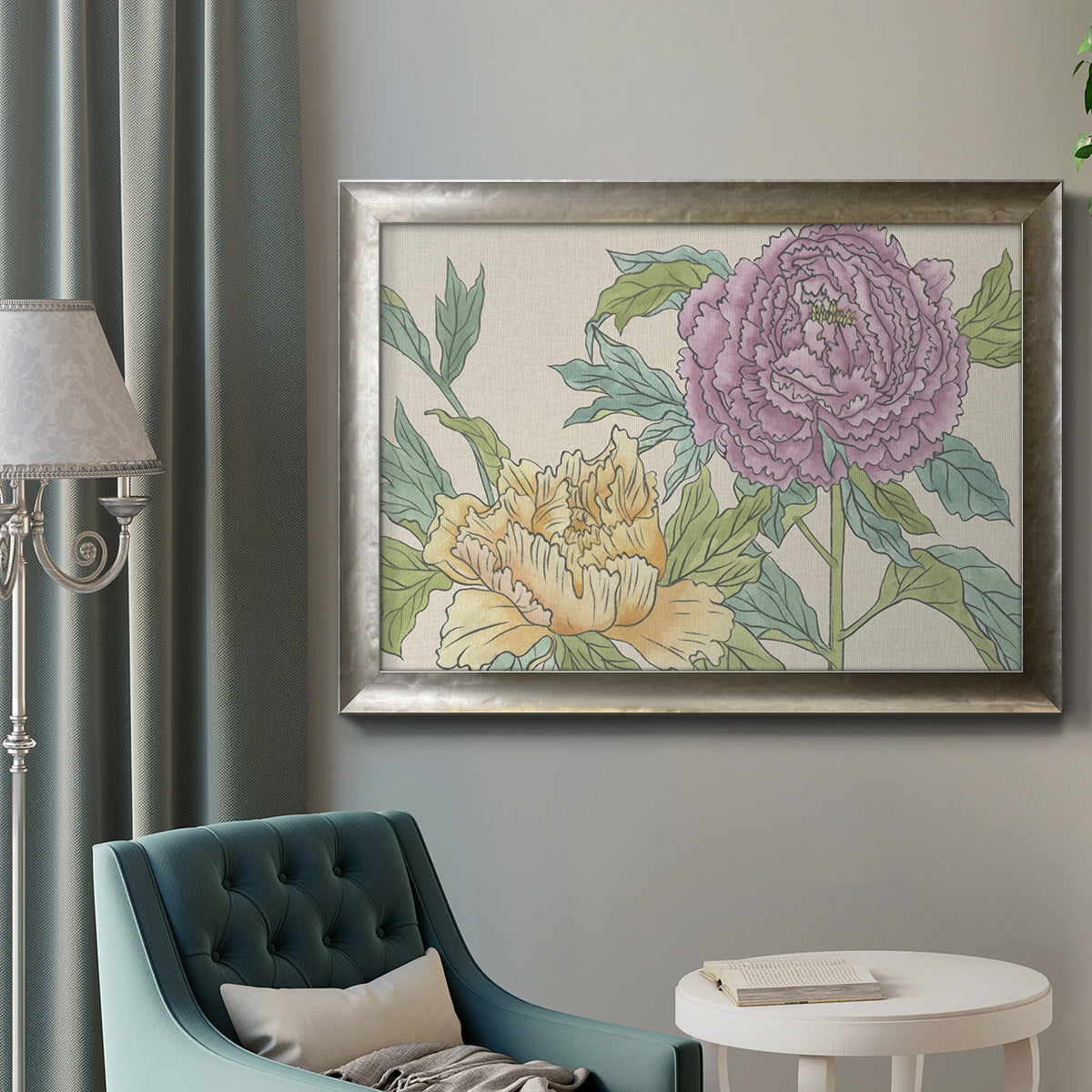Contemporary peony flower illustration in an ornate mottled silver frame displayed in a neutral interior setting.