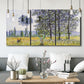 Three-panel canvas wall art featuring sunlight filtering through tall poplars, displayed in a modern living room above seating.