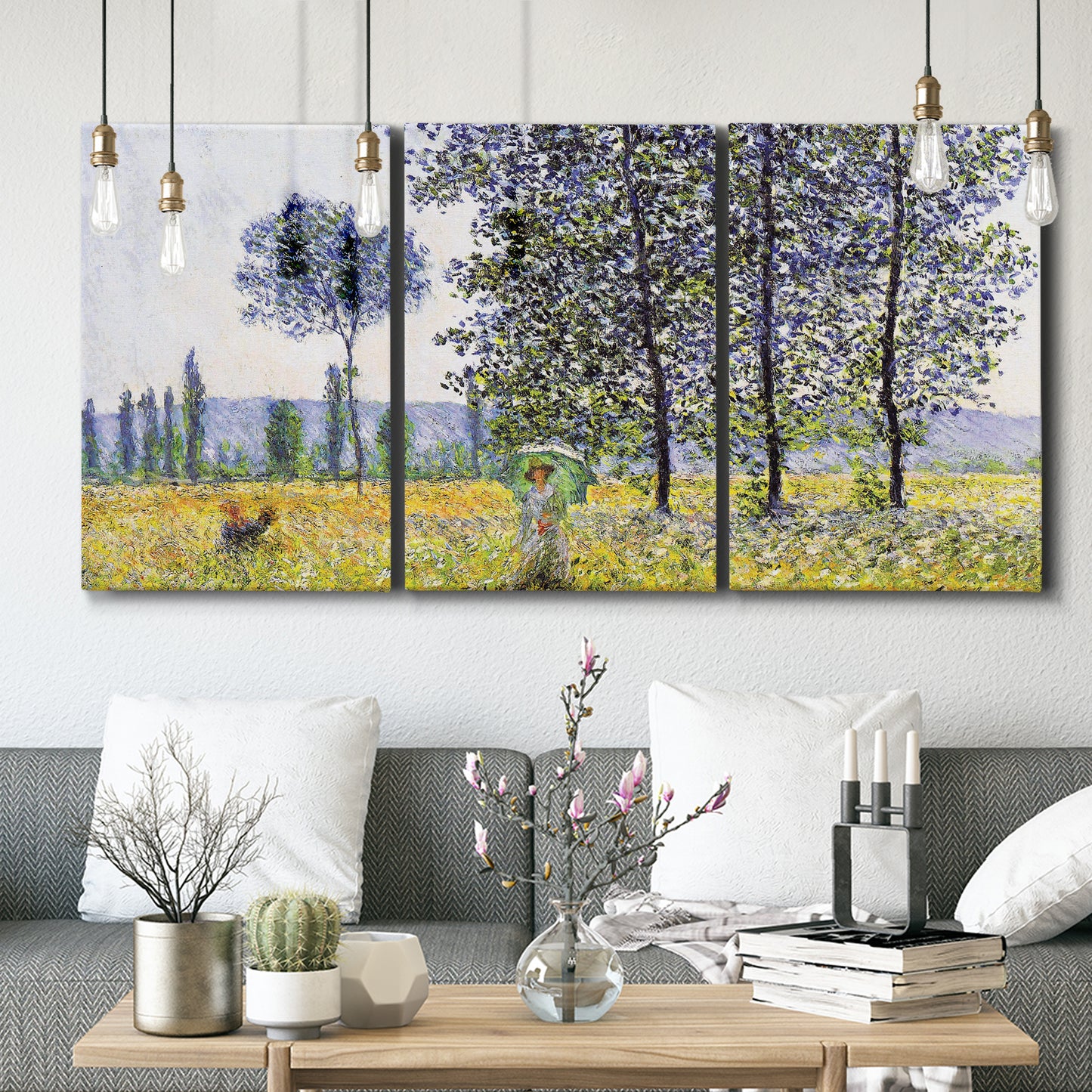 Three-panel canvas wall art featuring sunlight filtering through tall poplars, displayed in a modern living room above seating.