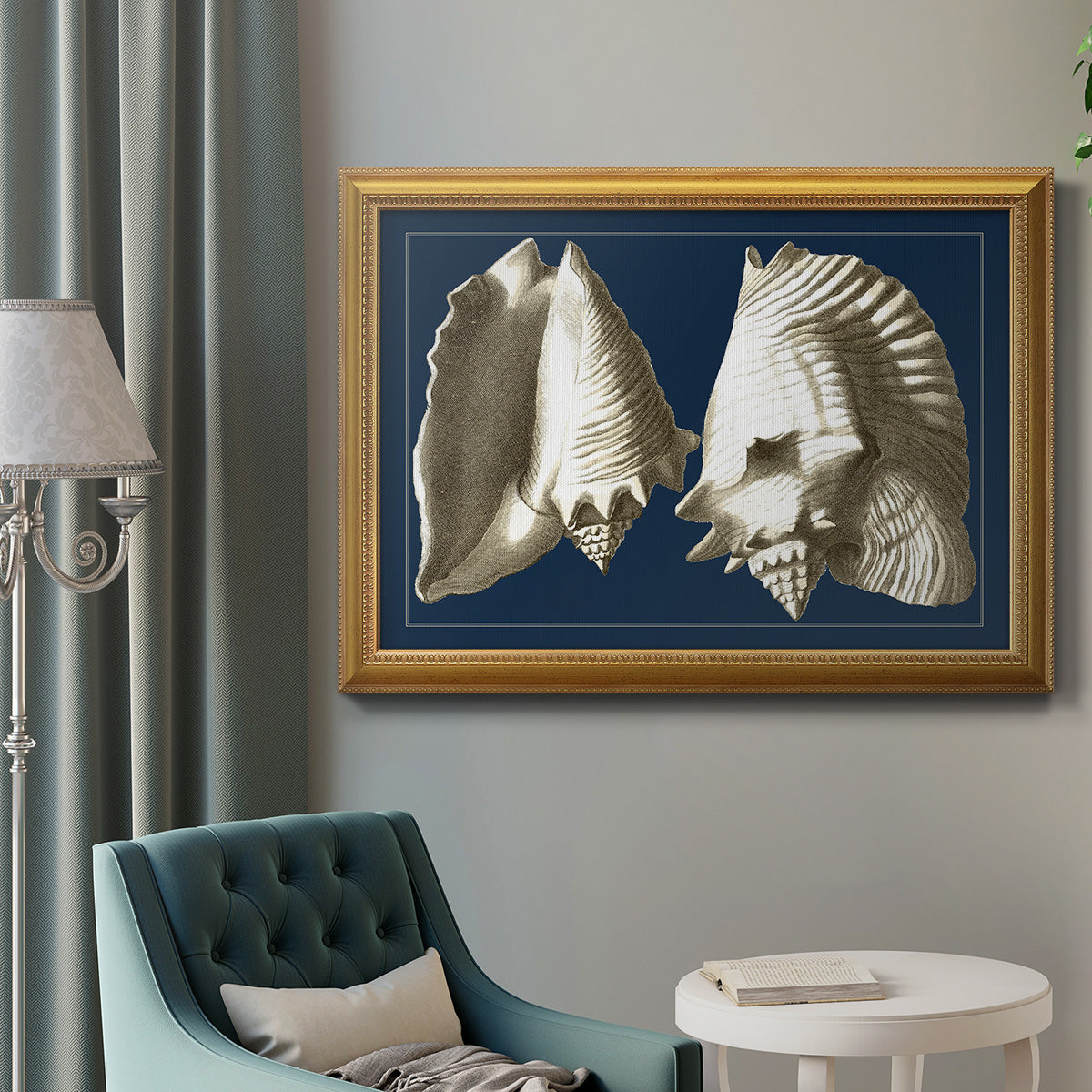 Conch Shells on Navy I Premium Framed Canvas- Ready to Hang