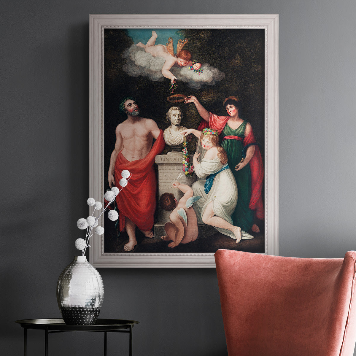 Classical allegorical painting honoring Linnaeus by Robert John Thornton in an ornate weathered white frame displayed in a dark-toned interior setting.
