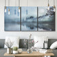 Three-panel canvas wall art featuring calm waters at sunrise photograph, displayed in a modern living room above seating.