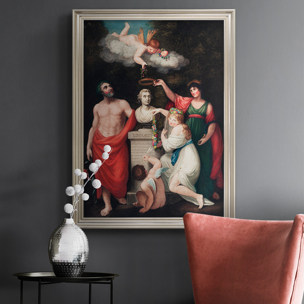 Classical allegorical painting honoring Linnaeus by Robert John Thornton in an ornate champagne frame displayed in a dark-toned interior setting.