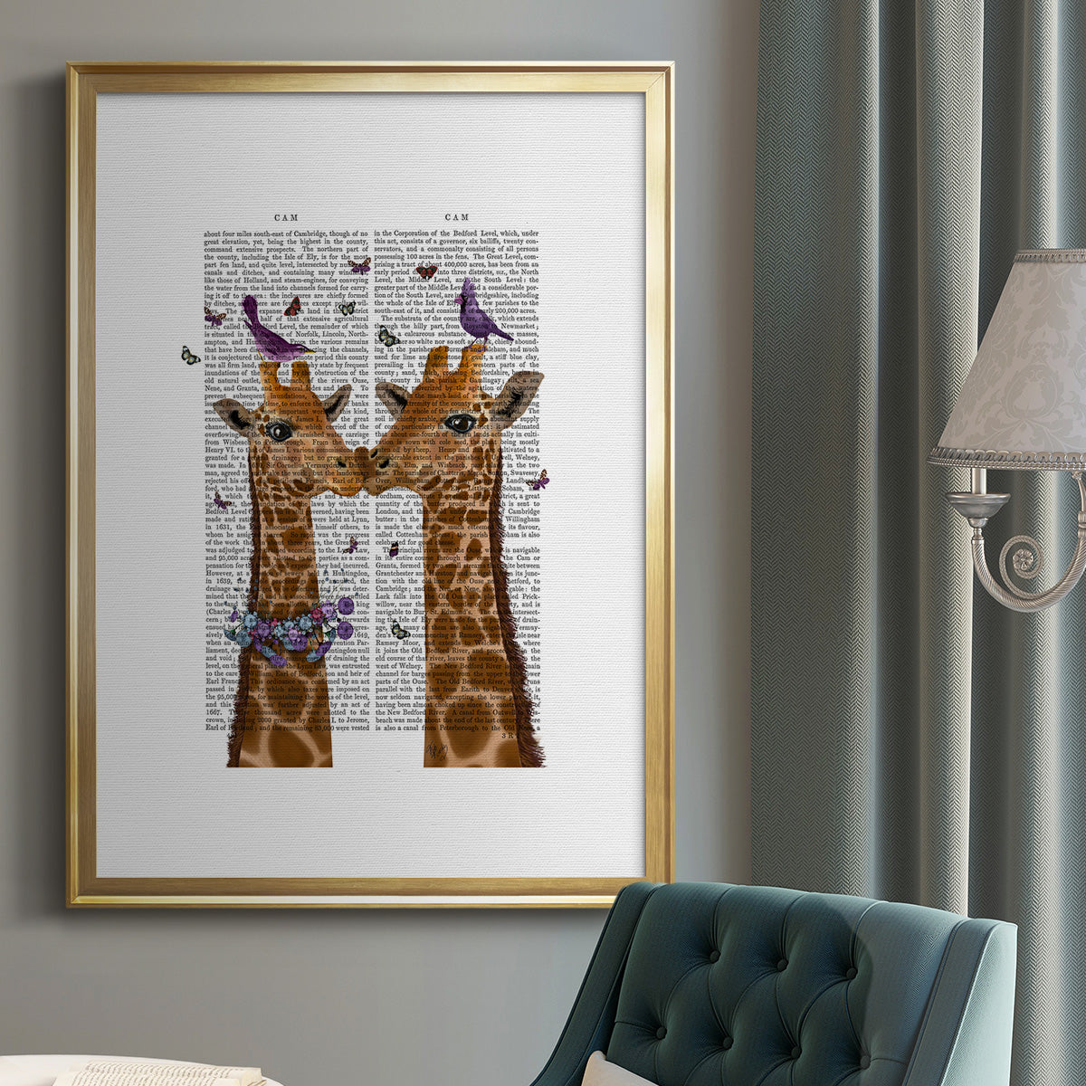 Kissing Giraffes with Birds - Modern Framed Canvas Print