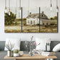 Three-panel canvas wall art featuring rural farmhouse harvest landscape, displayed in a modern living room above seating.