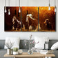 Three-panel canvas wall art featuring running horses across open field, displayed in a modern living room above seating.