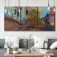 Three-panel canvas wall art featuring wooded stream landscape, displayed in a modern living room above seating.
