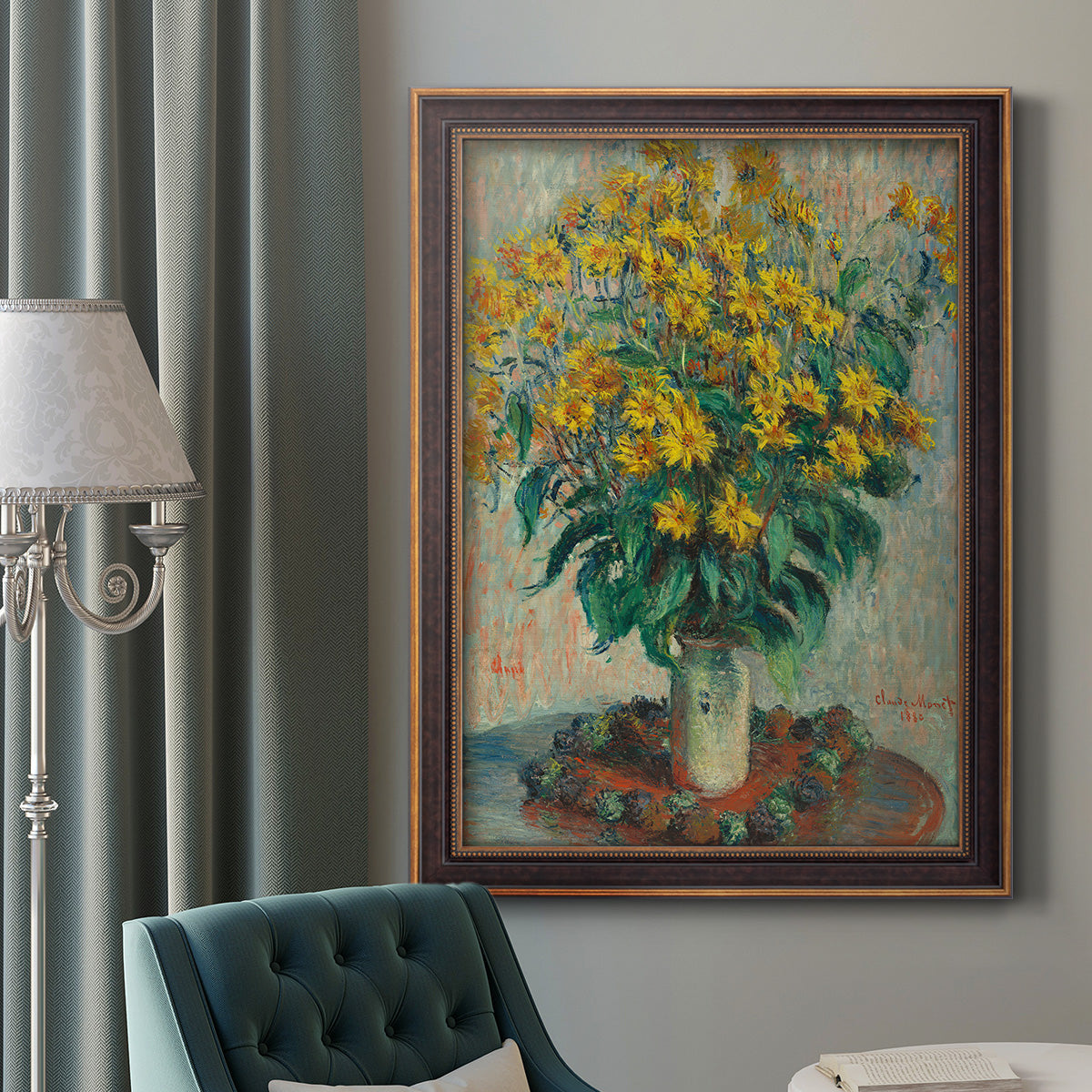 Impressionist floral painting of artichoke flowers by Claude Monet in an ornate bronzed mahogany wood frame displayed in a dark-toned interior setting.