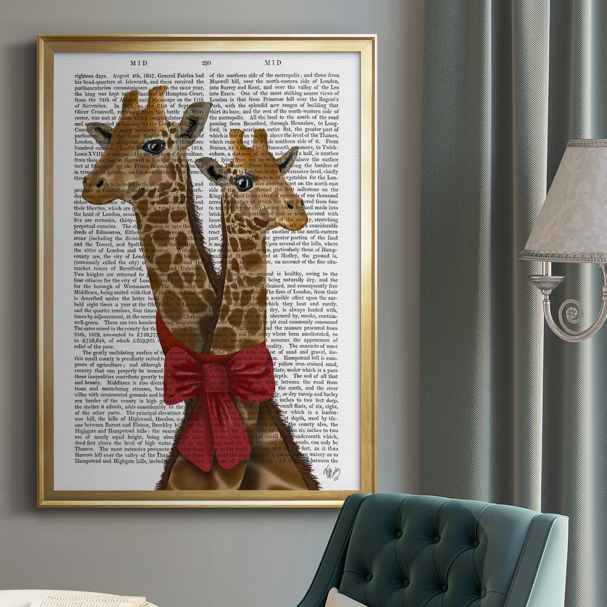 Giraffes and Bow - Modern Framed Canvas Print