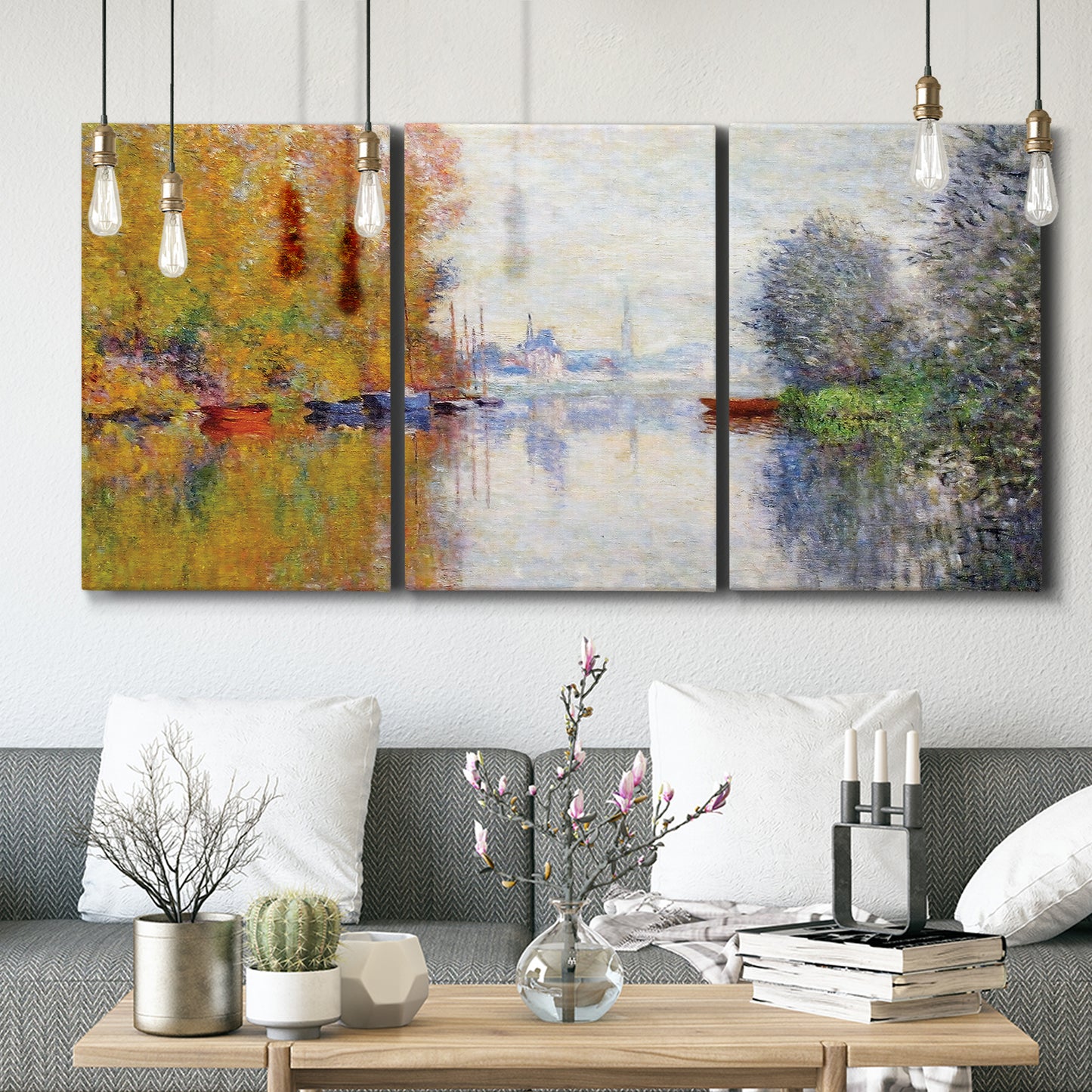 Three-panel canvas wall art featuring golden autumn light over riverside, displayed in a modern living room above seating.