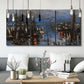 Three-panel canvas wall art featuring Le Havre port at night with lights, displayed in a modern living room above seating.