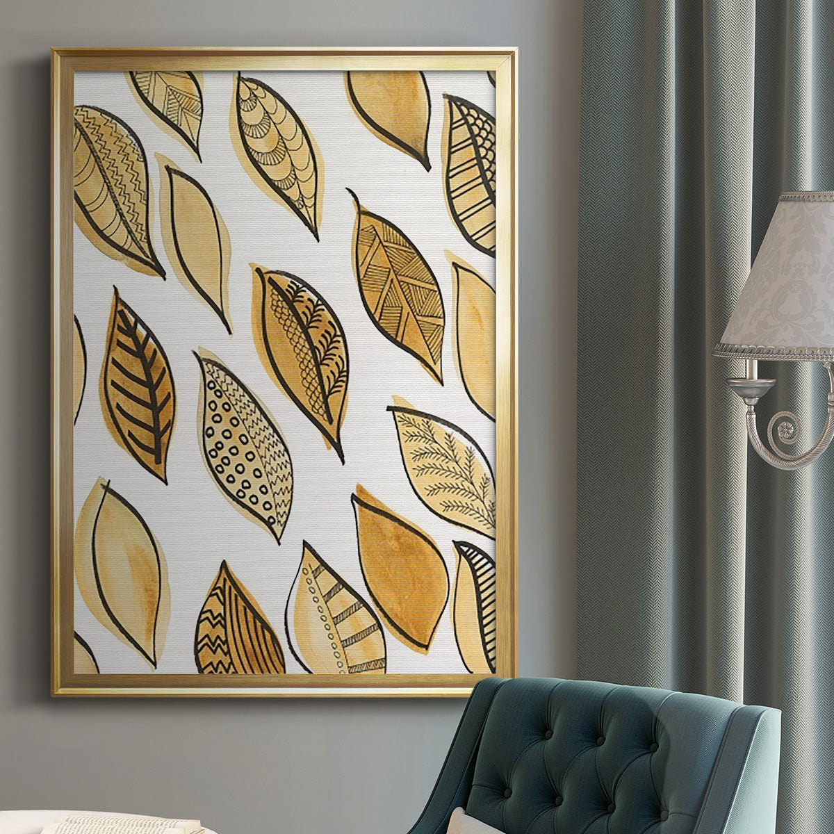 Patterned Leaf Shapes II - Modern Framed Canvas Print