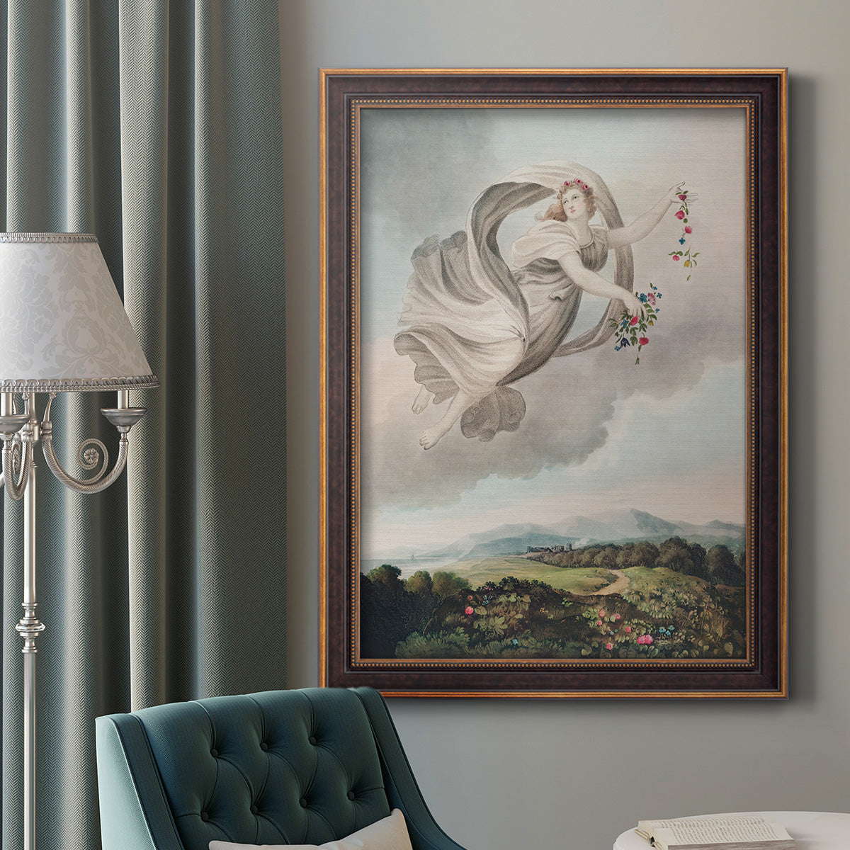 Classical allegorical depiction of the goddess Flora by Robert John Thornton in an ornate bronzed mahogany wood frame displayed in a dark-toned interior setting.