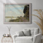 Impressionist river scene with red boats by Claude Monet in an ornate weathered white frame displayed in a bright interior setting.