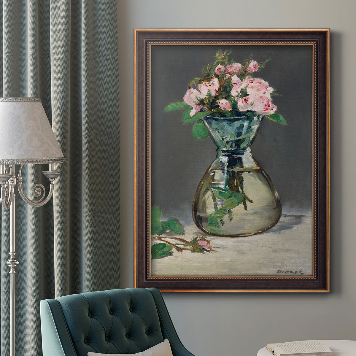 Moss Roses in a Vase - Ornate Framed Canvas Print