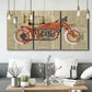 Three-panel canvas wall art featuring vintage red vehicle collage detail, displayed in a modern living room above seating.