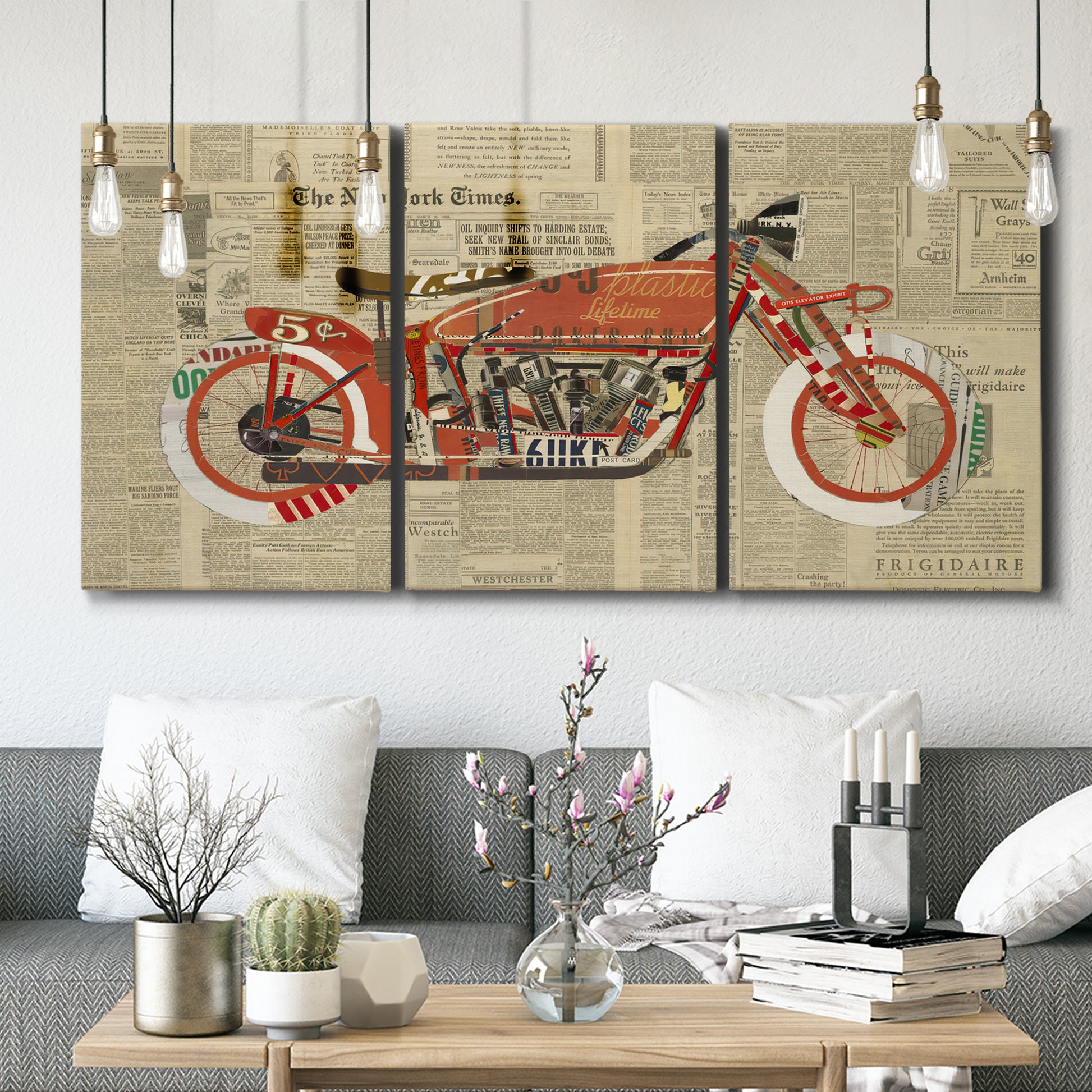 Three-panel canvas wall art featuring vintage red vehicle collage detail, displayed in a modern living room above seating.