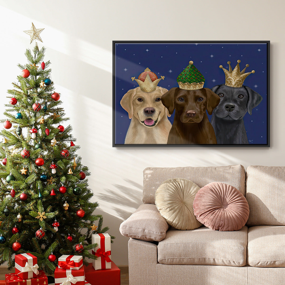 Christmas Labradors, Three Kings - Floater Framed Canvas Print