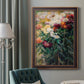 Impressionist garden floral painting by Gustave Caillebotte in an ornate bronzed mahogany wood frame displayed in a dark-toned interior setting.