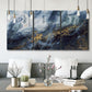 Three-panel canvas wall art featuring soft abstract landscape anticipation tones, displayed in a modern living room above seating.