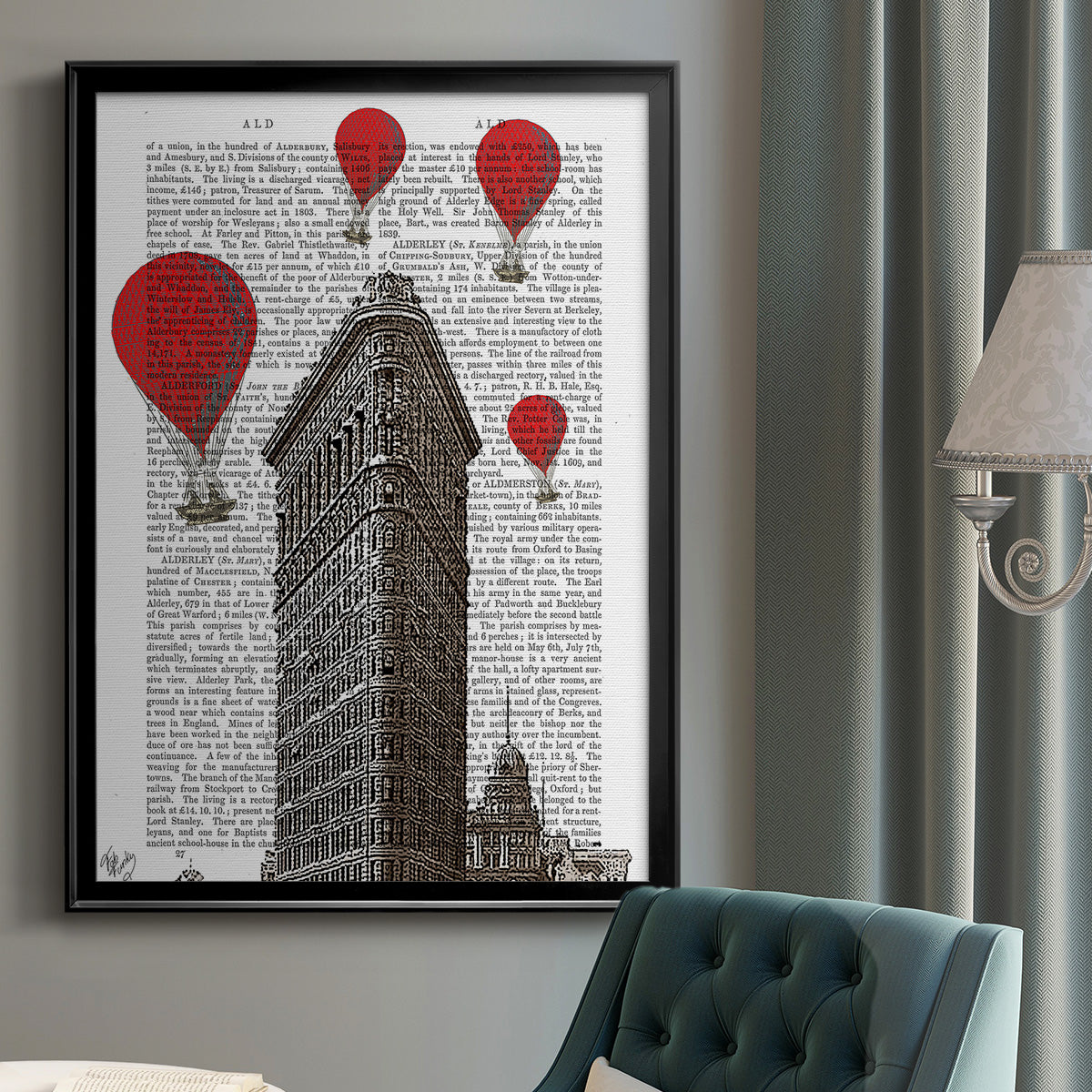 Flat Iron Building and Red Hot Air Balloons - Modern Framed Canvas Print