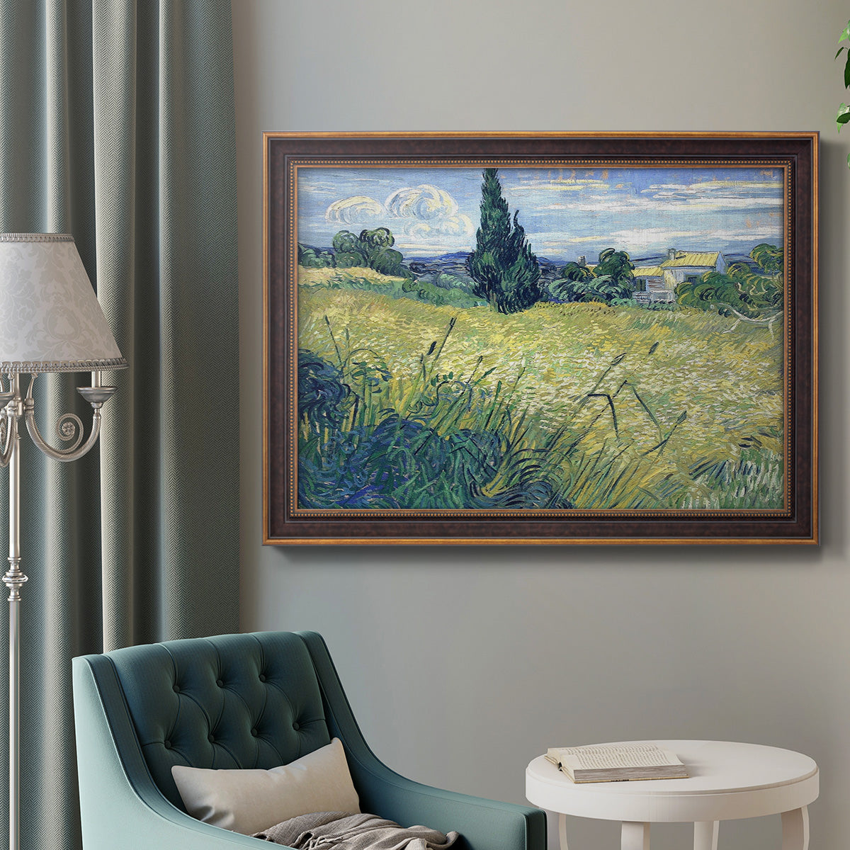 Green Wheat Field with Cypress - Ornate Framed Canvas Print