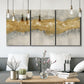 Three-panel canvas wall art featuring flowing abstract golden tones, displayed in a modern living room above seating.