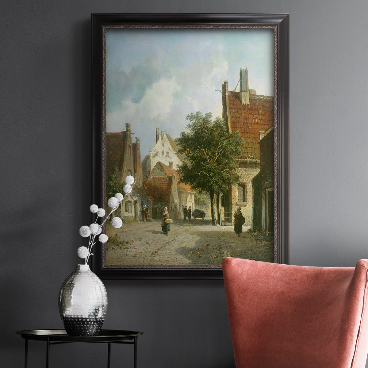 Rustic European street scene painting by Adriaan Eversen in an ornate black frame with gilded inner detail displayed in a dark-toned interior setting.