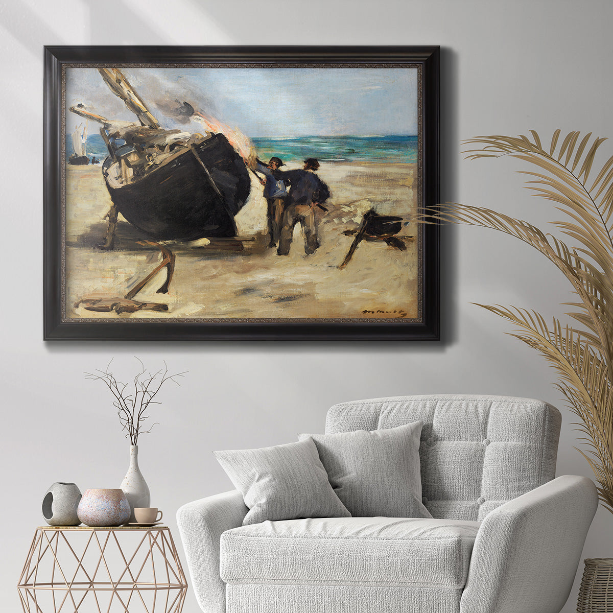 Impressionist nautical work scene by Édouard Manet in an ornate black frame with gilded inner detail displayed in a bright interior setting.