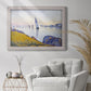 Impressionist coastal harbor at dusk by Paul Signac in an ornate weathered white frame displayed in a bright interior setting.